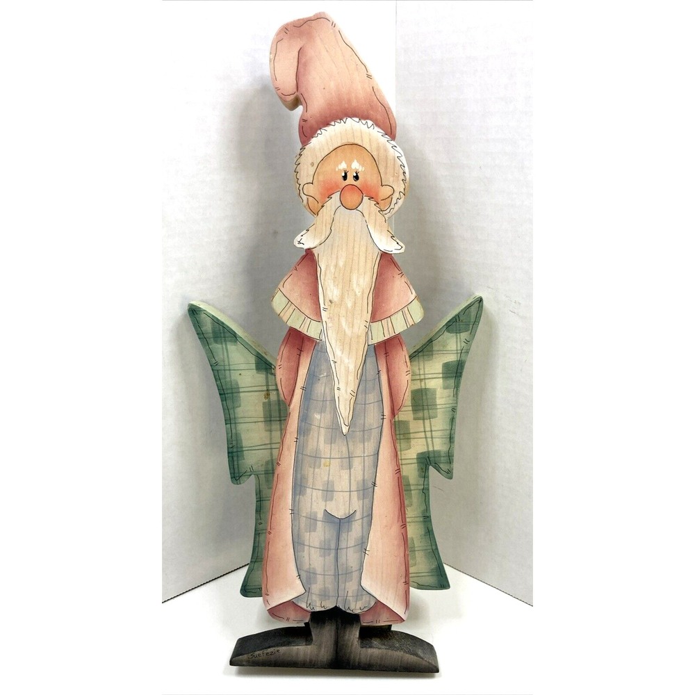Vintage Santa Claus Country Hand Painted Wood Pastel Colors Signed 13.5"